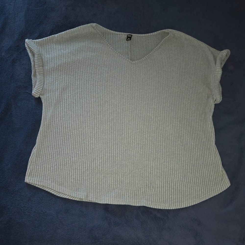Emery Rose Sage Green Ribbed V-Neck Short Sleeve Top Plus Size 4XL‎